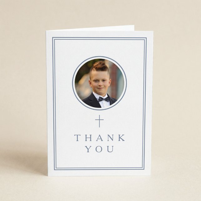 Dusty Blue Photo Boy First Communion Thank You Card (Creator Uploaded)