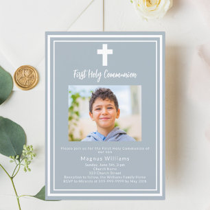 Dusty blue photo boy First Holy Communion Invitation
