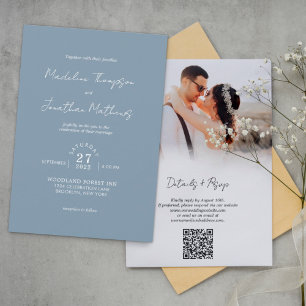 Dusty Blue Photo Budget Wedding QR Code Rsvp Invitation