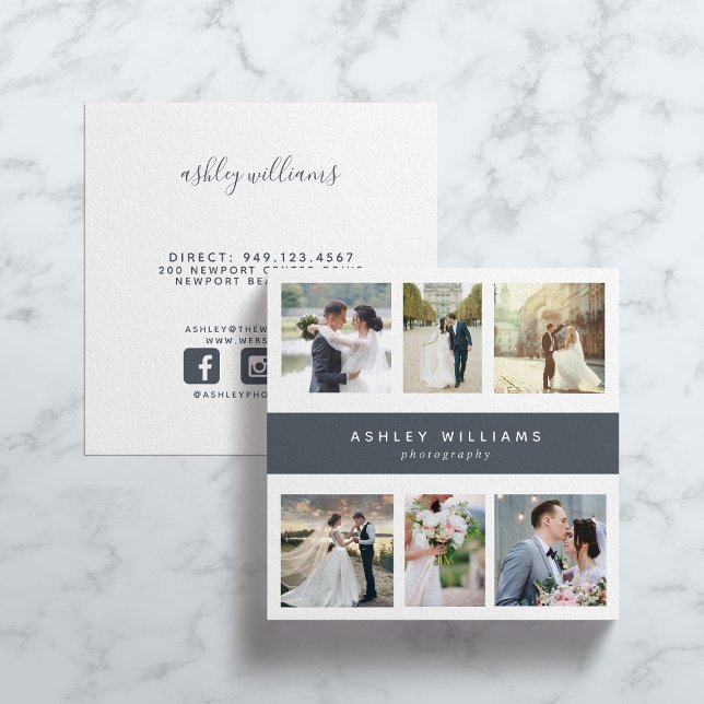 Dusty Blue Photo Collage Photographer Square Business Card (Creator Uploaded)