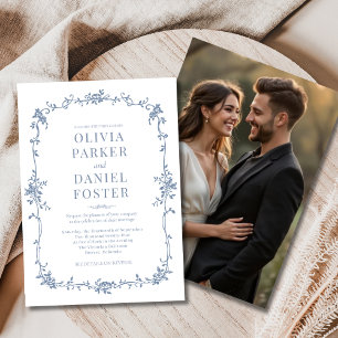 Dusty Blue Photo Floral Victorian French Wedding Invitation