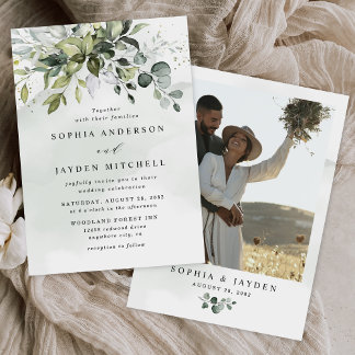 Dusty Blue Photo Greenery Airy Elegant Wedding Invitation