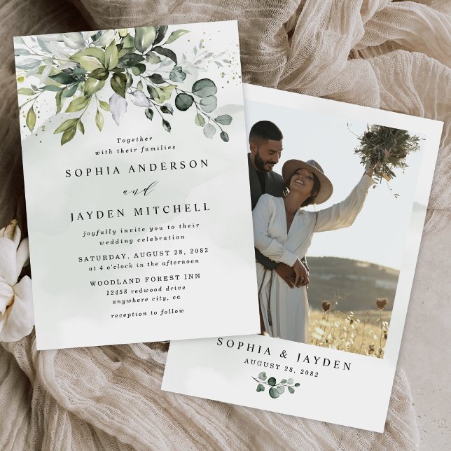 Dusty Blue Photo Greenery Airy Elegant Wedding  Invitation (Creator Uploaded)