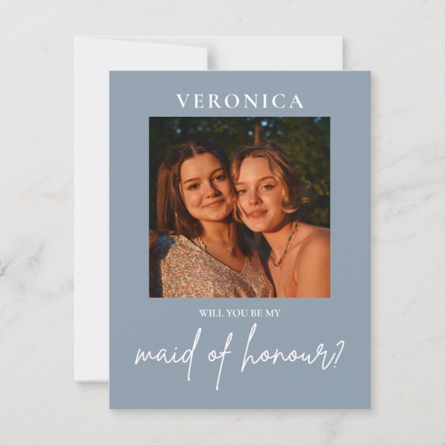 Dusty Blue Photo Maid of Honour Boho Proposal Card (Front)