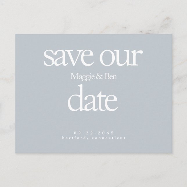Dusty Blue Photo Modern Save the Date Postcard (Front)