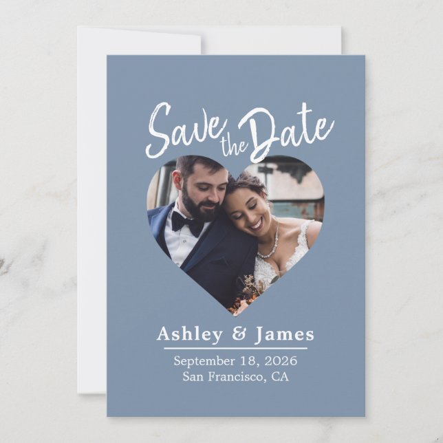 Dusty Blue Photo Modern Script Save the Date (Front)