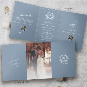 Dusty Blue Photo Overlay QR Code RSVP Details  Tri-Fold Card