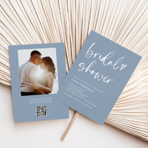 Dusty Blue Photo Qr Code Bridal Shower Invitation