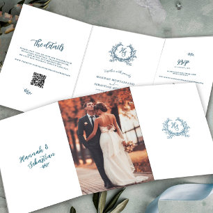 Dusty Blue Photo QR Code RSVP Wedding Details  Tri-Fold Card
