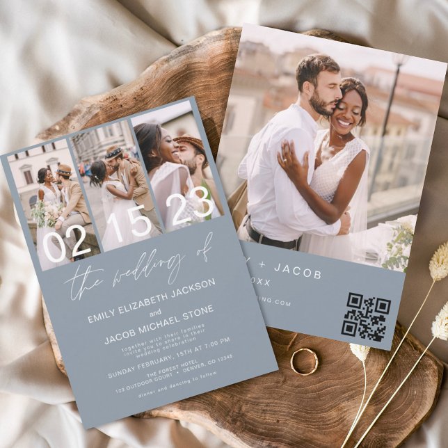 Dusty Blue Photo QR code Wedding Minimalist  Invitation (Creator Uploaded)