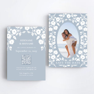 Dusty Blue Photo QR Website White Folk Floral Save The Date