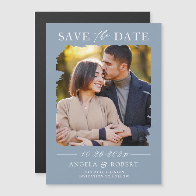 Dusty Blue Photo Save the Date Magnetic Card (Front/Back)