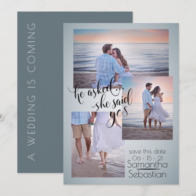 Dusty Blue Photo She Said Yes Save the Date Invitation (Front/Back)