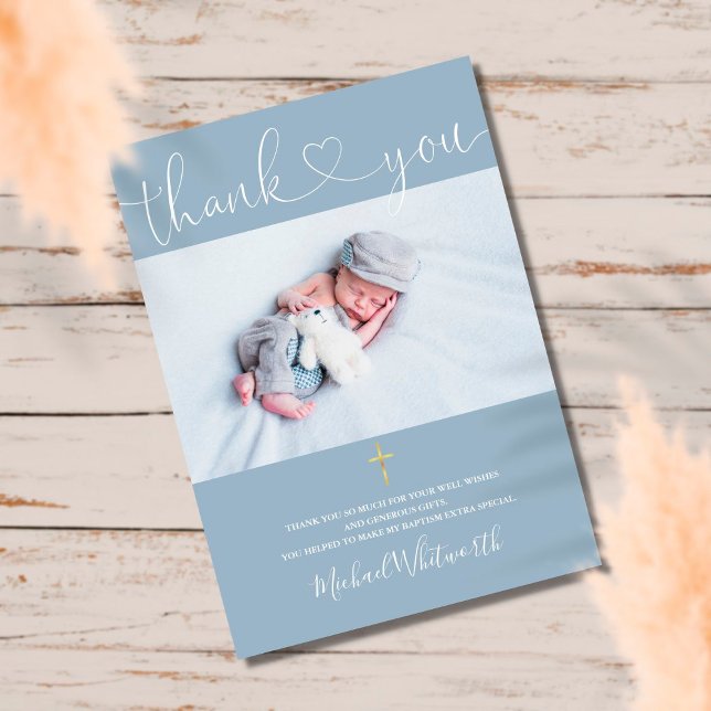 Dusty Blue Photo Signature Script Baptism Heart Thank You Card (Creator Uploaded)