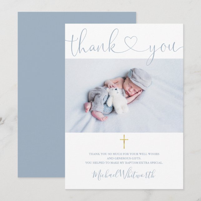 Dusty Blue Photo Signature Script Baptism Heart Thank You Card (Front/Back)