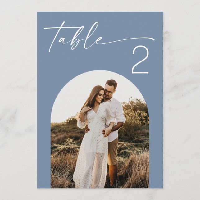 Dusty Blue Photo Table Number. Destination Wedding Invitation (Front)