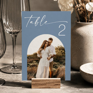Dusty Blue Photo Table Number. Destination Wedding Invitation