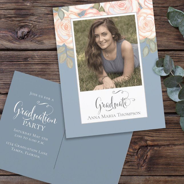 Dusty Blue Photo Watercolor Blush Graduation Postcard (Creator Uploaded)