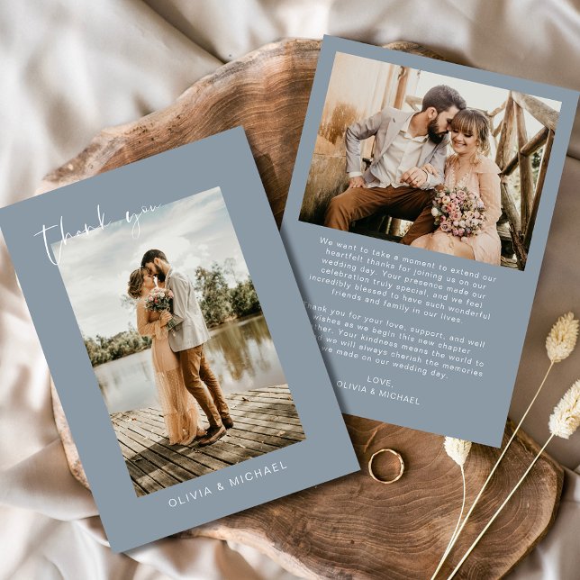 Dusty Blue Photo Wedding Elegant Thank You Card (Creator Uploaded)