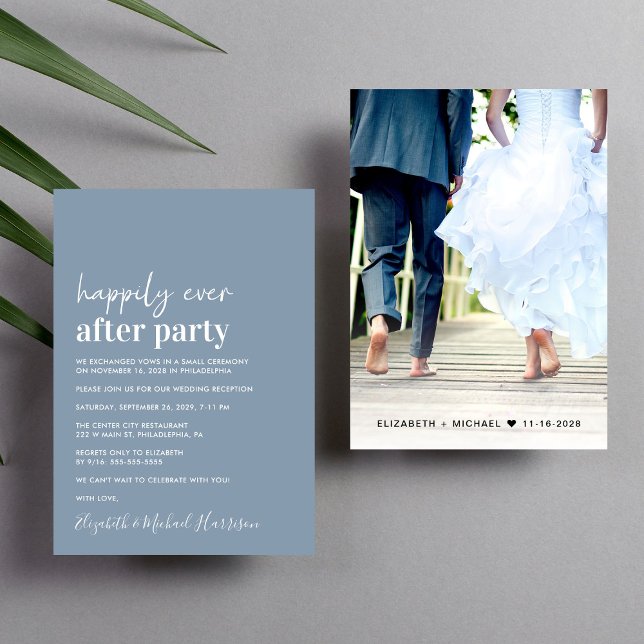 Dusty Blue Photo Wedding Reception Invitation (An chic Happily Ever After Party invitation for your wedding celebration)