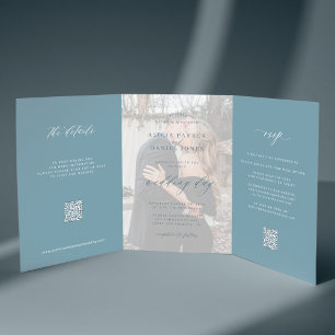 Dusty blue photo wedding RSVP details QR code Tri-Fold Invitation