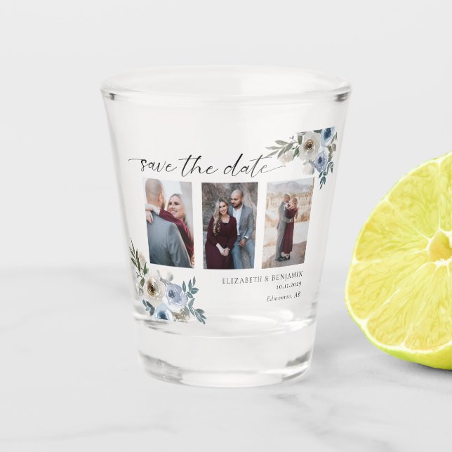 Dusty Blue Photo Wedding Save the Date Elegant  Shot Glass (Front)