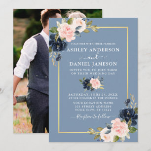 Dusty Blue Pink Blush Floral Gold Photo Wedding Invitation