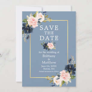 Dusty Blue Pink Blush Floral Gold Save the Date