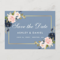 Dusty Blue Pink Blush Floral Gold Save the Date