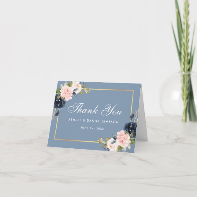 Dusty Blue Pink Blush Floral Gold Wedding Note Thank You Card (Front)