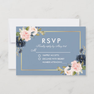 Dusty Blue Pink Blush Floral Gold Wedding RSVP Card
