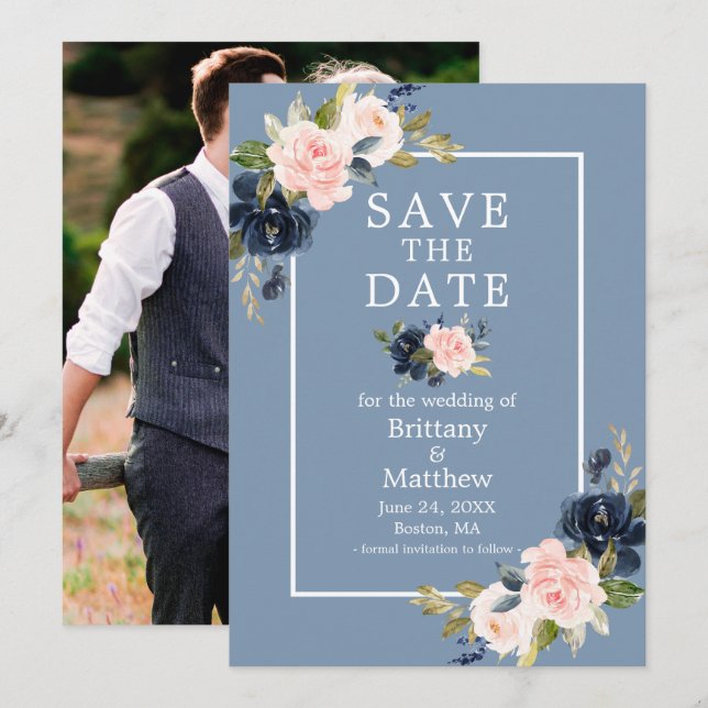 Dusty Blue Pink Blush Floral Photo Save the Date (Front/Back)