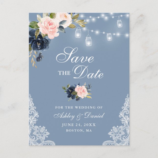 Dusty Blue Pink Blush Floral Save the Date Announcement Postcard (Front)