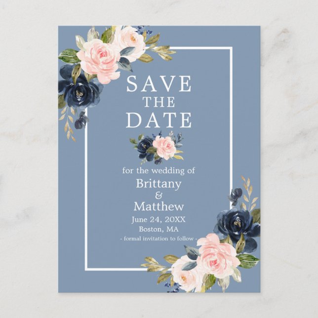 Dusty Blue Pink Blush Floral Save the Date Postcard (Front)