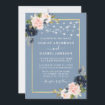 Dusty Blue Pink Blush Floral String Lights Wedding Invitation<br><div class="desc">Modern Elegant Watercolor Dusty Blue Pink Blush Floral String Lights Gold Frame Wedding Invitation Card includes dusty blue roses,  pink roses and botanical greenery.</div>