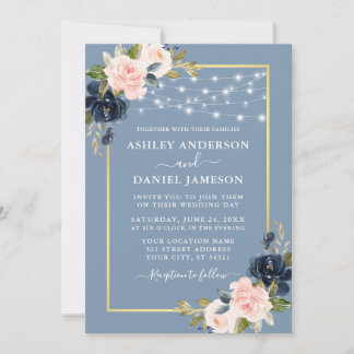 Dusty Blue Pink Blush Floral String Lights Wedding Invitation