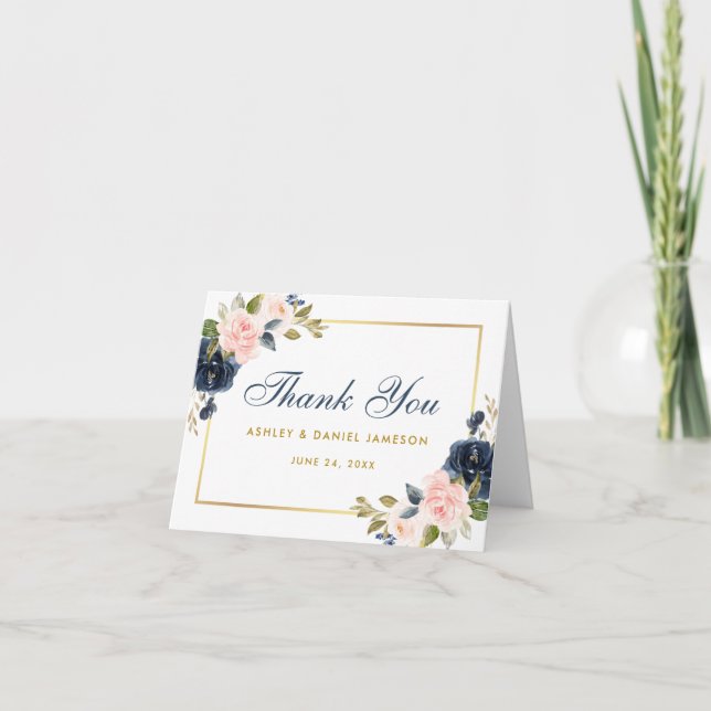 Dusty Blue Pink Blush Floral Wedding Gold Note Thank You Card (Front)