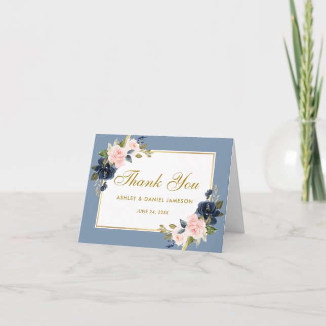 Dusty Blue Pink Blush Floral Wedding Gold Note Thank You Card (Front)