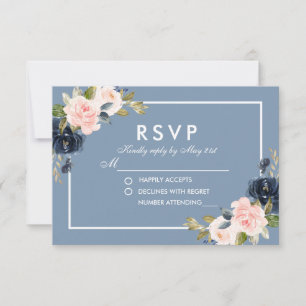 Dusty Blue Pink Blush Floral Wedding RSVP