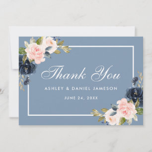 Dusty Blue Pink Blush Floral Wedding Thank You Card