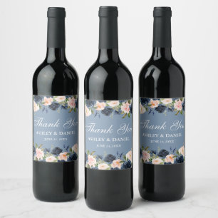 Dusty Blue Pink Blush Floral Wedding Thank You Wine Label