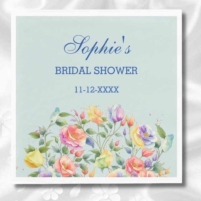 Dusty Blue Pink Bright Roses Bridal Shower Napkin (Creator Uploaded)