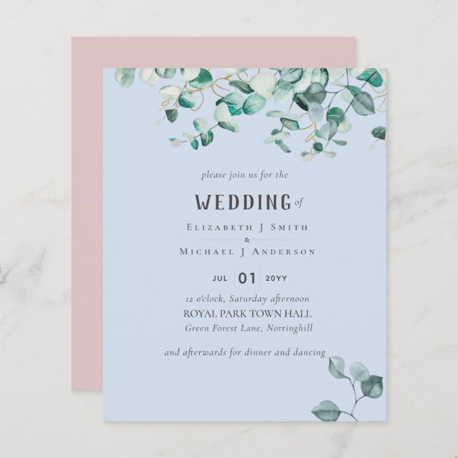 Dusty Blue Pink Eucalyptus BUDGET WEDDING Invite (Front/Back)