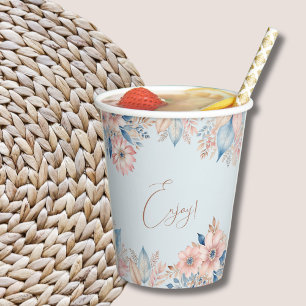 Dusty Blue Pink Floral Boho Chic Baby Shower Paper Cups