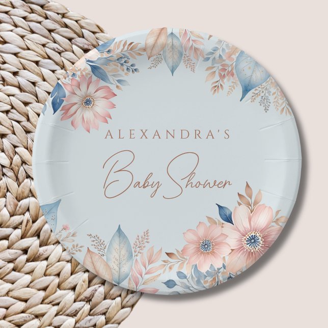 Dusty Blue Pink Floral Boho Chic Baby Shower Paper Plate (Creator Uploaded)