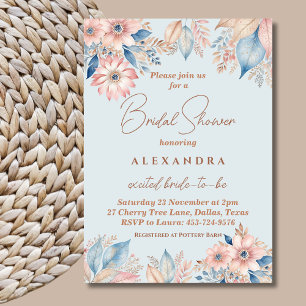 Dusty Blue Pink Floral Boho Chic Bridal Shower Invitation