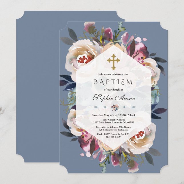 Dusty Blue Pink Floral Bouquet Geometric Baptism Invitation (Front/Back)