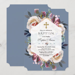 Dusty Blue Pink Floral Bouquet Geometric Baptism Invitation