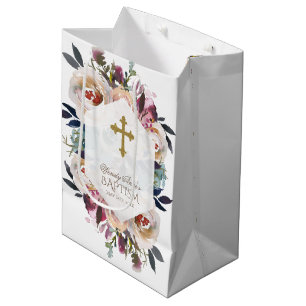 Dusty Blue Pink Floral Bouquet Geometric Baptism Medium Gift Bag