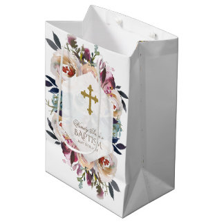 Dusty Blue Pink Floral Bouquet Geometric Baptism Medium Gift Bag
